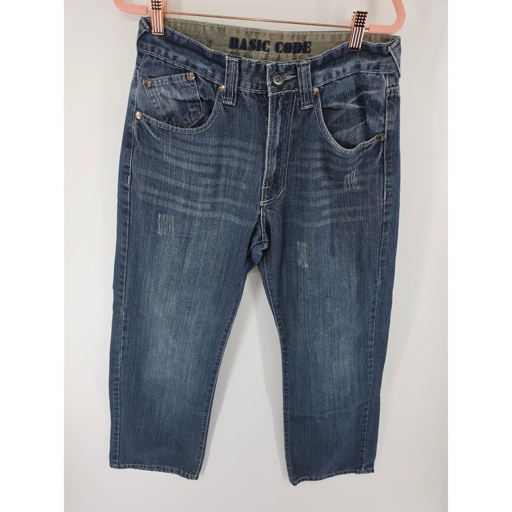 Basic Code Mens Straight Leg Distressed Blue Jeans W30 L30 Wing Star Embroidery